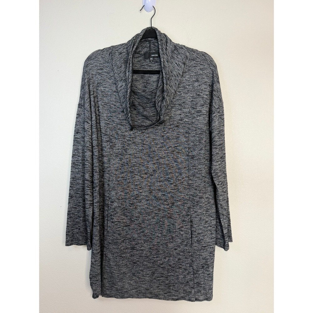 Sun Kim Cowl Neck Tunic Top Women's Large Gray Marl Knit Pockets